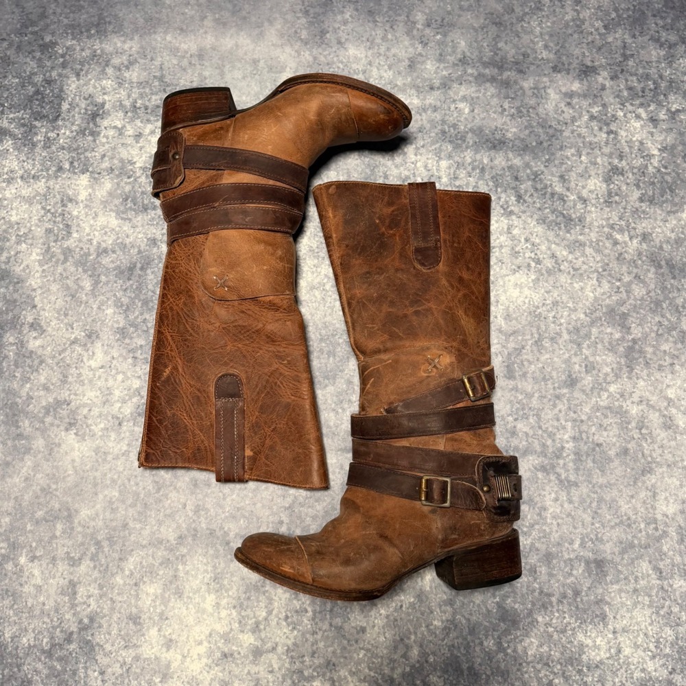 Freebird Dakota Brown Leather Strappy Buckle‎ Boots 7 Western Boho Moto EUC